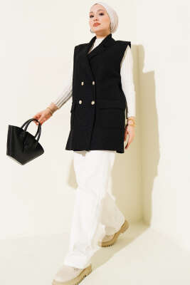 Düğmeli Kruvaze Yaka Buklet Yelek Siyah - Yelek
