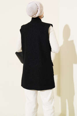 Düğmeli Kruvaze Yaka Buklet Yelek Siyah - Yelek