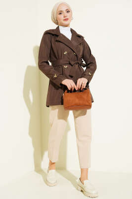 Düğmeli Kruvaze Yaka Kısa Trençkot Kahve - Trençkot