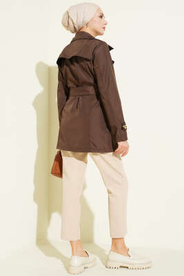 Düğmeli Kruvaze Yaka Kısa Trençkot Kahve - Trençkot