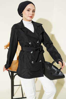 Düğmeli Kruvaze Yaka Kısa Trençkot Siyah - BIGDART