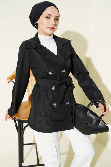 Düğmeli Kruvaze Yaka Kısa Trençkot Siyah - Trençkot