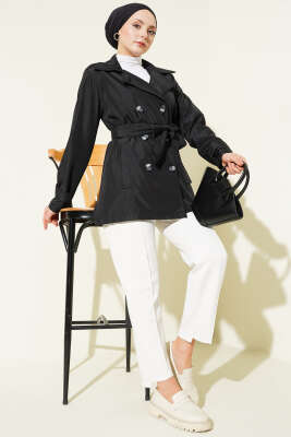 Düğmeli Kruvaze Yaka Kısa Trençkot Siyah - Trençkot
