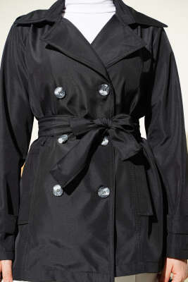 Düğmeli Kruvaze Yaka Kısa Trençkot Siyah - Trençkot