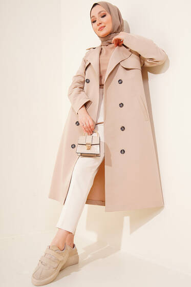 Düğmeli Kruvaze Yaka Trençkot Bej - Trençkot