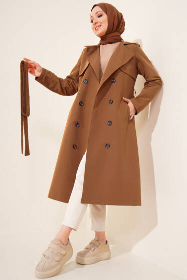 Düğmeli Kruvaze Yaka Trençkot Camel - Trençkot