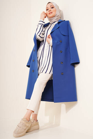 Düğmeli Kruvaze Yaka Trençkot İndigo - Trençkot