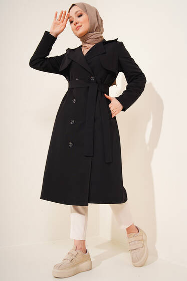 Düğmeli Kruvaze Yaka Trençkot Siyah - Trençkot