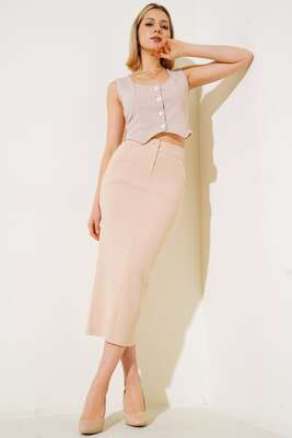 Düğmeli Kruvaze Yelek Bej - Yılın Fırsatı