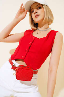 Düğmeli Kruvaze Yelek Kırmızı 