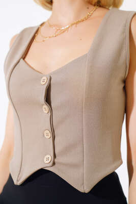 Düğmeli Kruvaze Yelek Vizon - Kadın Giyim Modelleri