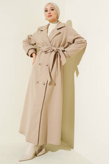 Düğmeli Kuşak Detaylı Kaşe Kaban Bej - Kaban
