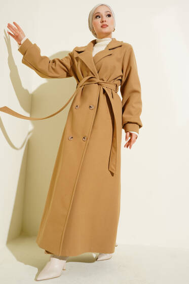 Düğmeli Kuşak Detaylı Kaşe Kaban Latte - Kaban