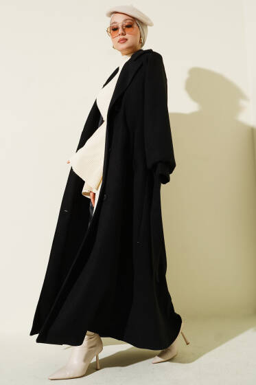 Düğmeli Kuşak Detaylı Kaşe Kaban Siyah - Kaban