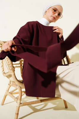 Düğmeli Kuşaklı Basic Ceket Mürdüm - EFİL