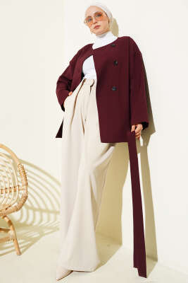 Düğmeli Kuşaklı Basic Ceket Mürdüm - Ceket