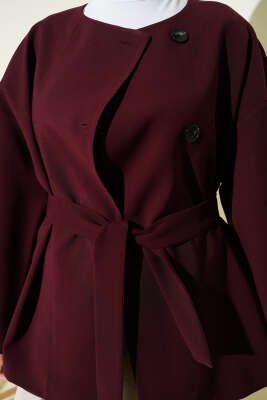 Düğmeli Kuşaklı Basic Ceket Mürdüm - Ceket