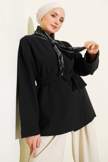 Düğmeli Kuşaklı Basic Ceket Siyah - Ceket
