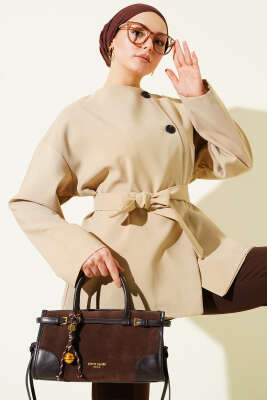 Düğmeli Kuşaklı Basic Ceket Taş - EFİL