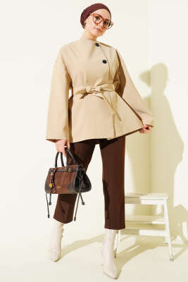 Düğmeli Kuşaklı Basic Ceket Taş - Ceket