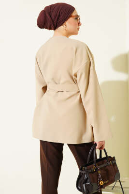 Düğmeli Kuşaklı Basic Ceket Taş - Ceket