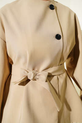 Düğmeli Kuşaklı Basic Ceket Taş - Ceket