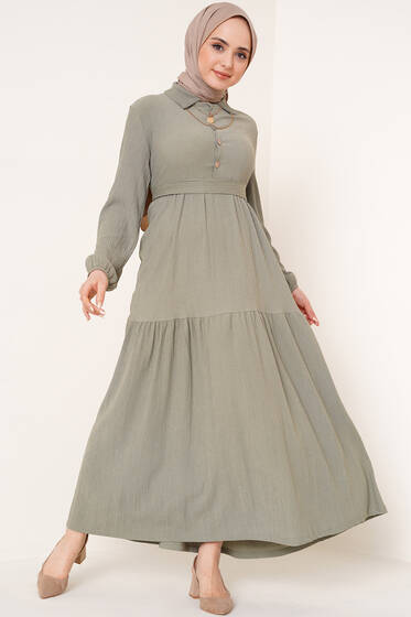 Düğmeli Kuşaklı Bürümcük Elbise Çağla Yeşili - Tesettür Elbise