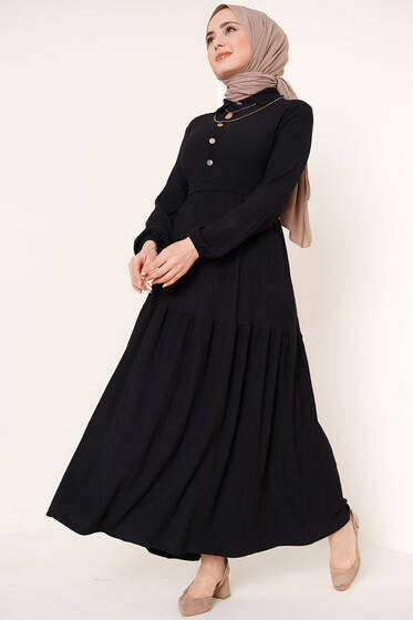 Düğmeli Kuşaklı Bürümcük Elbise Siyah - Tesettür Elbise