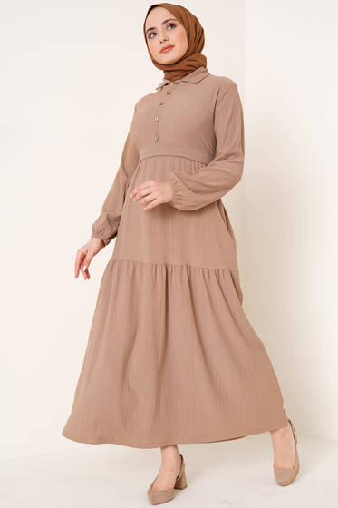 Düğmeli Kuşaklı Bürümcük Elbise Vizon - Tesettür Elbise