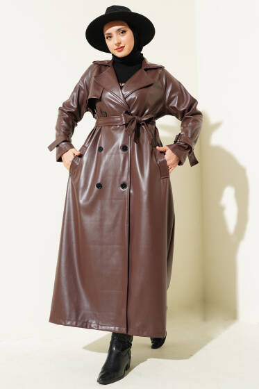 Düğmeli Kuşaklı Deri Trençkot Acı Kahve - Trençkot
