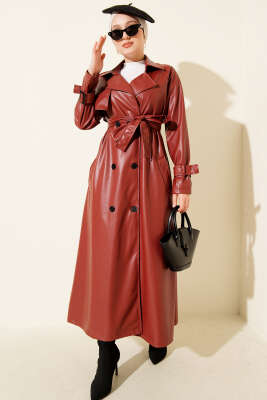 Düğmeli Kuşaklı Deri Trençkot Bordo - Trençkot