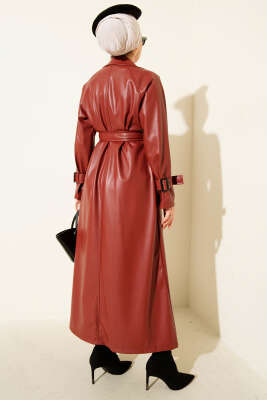 Düğmeli Kuşaklı Deri Trençkot Bordo - Trençkot