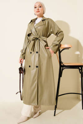 Düğmeli Kuşaklı Deri Trençkot Çağla Yeşili 