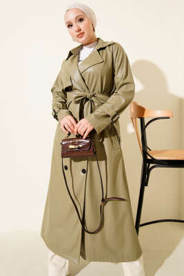 Düğmeli Kuşaklı Deri Trençkot Çağla Yeşili - Trençkot