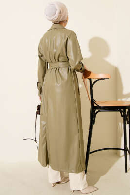 Düğmeli Kuşaklı Deri Trençkot Çağla Yeşili - Trençkot