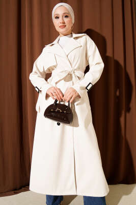 Düğmeli Kuşaklı Deri Trençkot Ekru - Trençkot