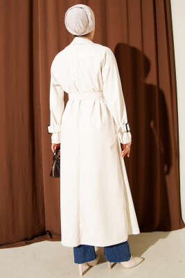 Düğmeli Kuşaklı Deri Trençkot Ekru - Trençkot