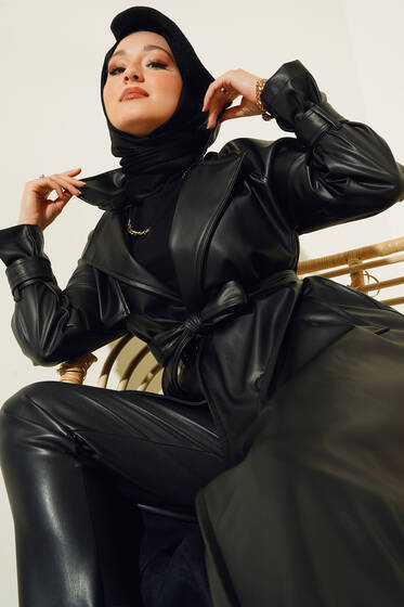 Düğmeli Kuşaklı Deri Trençkot Siyah - Trençkot