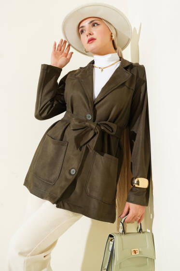 Düğmeli Kuşaklı Süet Ceket Haki - Ceket