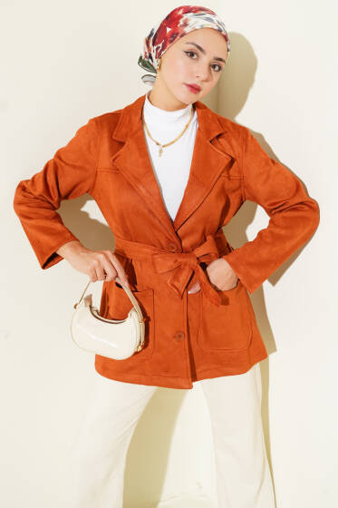 Düğmeli Kuşaklı Süet Ceket Kiremit - Ceket