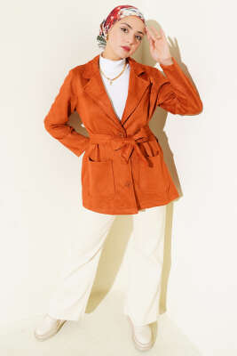 Düğmeli Kuşaklı Süet Ceket Kiremit - Ceket