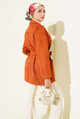 Düğmeli Kuşaklı Süet Ceket Kiremit - Ceket