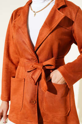 Düğmeli Kuşaklı Süet Ceket Kiremit - Ceket