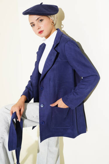 Düğmeli Kuşaklı Süet Ceket Lacivert - Ceket