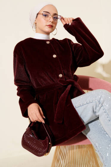 Düğmeli Kuşaklı Tay Tüyü Ceket Bordo - Ceket