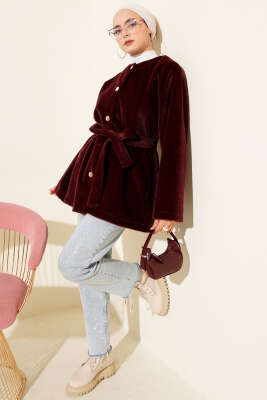 Düğmeli Kuşaklı Tay Tüyü Ceket Bordo - Ceket