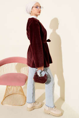 Düğmeli Kuşaklı Tay Tüyü Ceket Bordo - Ceket