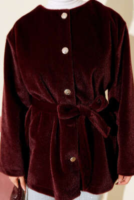 Düğmeli Kuşaklı Tay Tüyü Ceket Bordo - Ceket