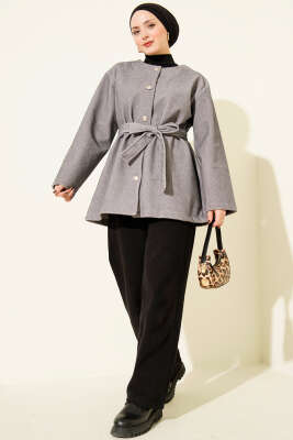 Düğmeli Kuşaklı Tay Tüyü Ceket Gri - Ceket