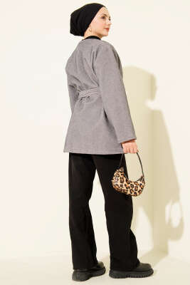 Düğmeli Kuşaklı Tay Tüyü Ceket Gri - Ceket